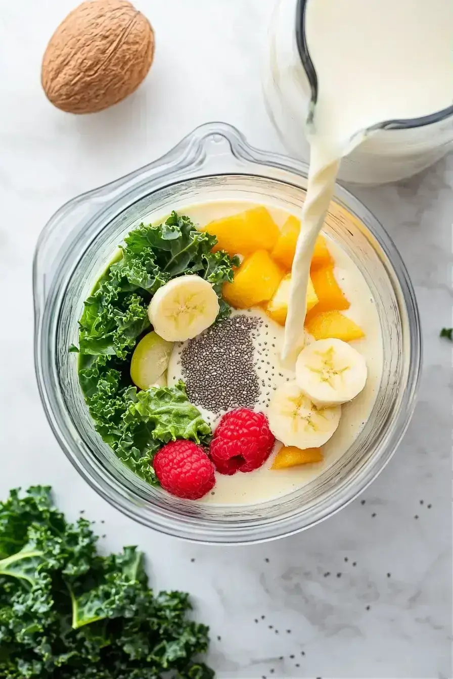 Serving Detox Island Green Smoothie in a glass with a straw