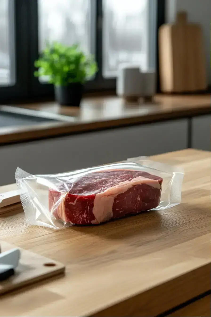 Plastic bag with steak placed in dishwasher for sous vide cooking