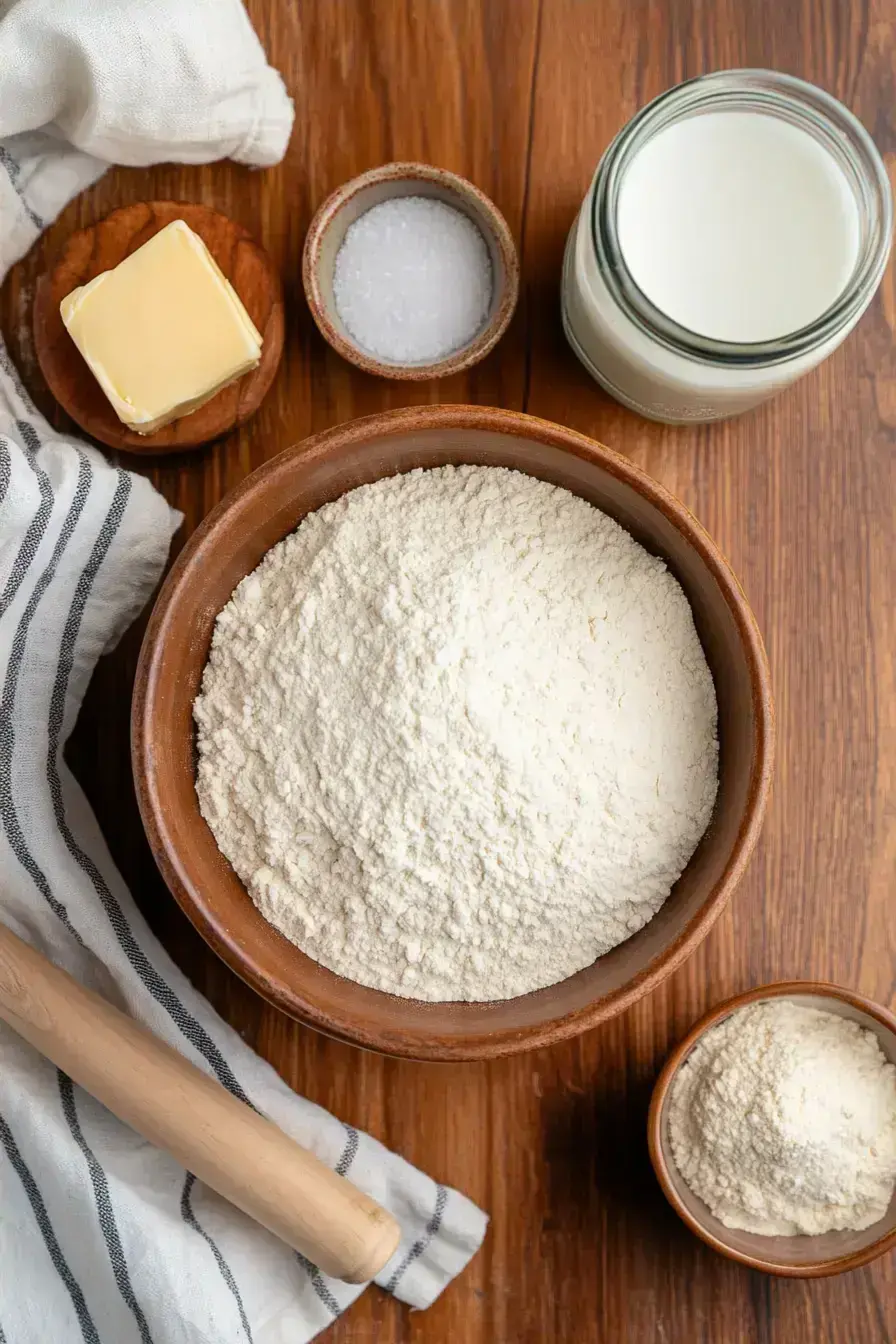 All the simple ingredients for making homemade dumplings laid out on a rustic table