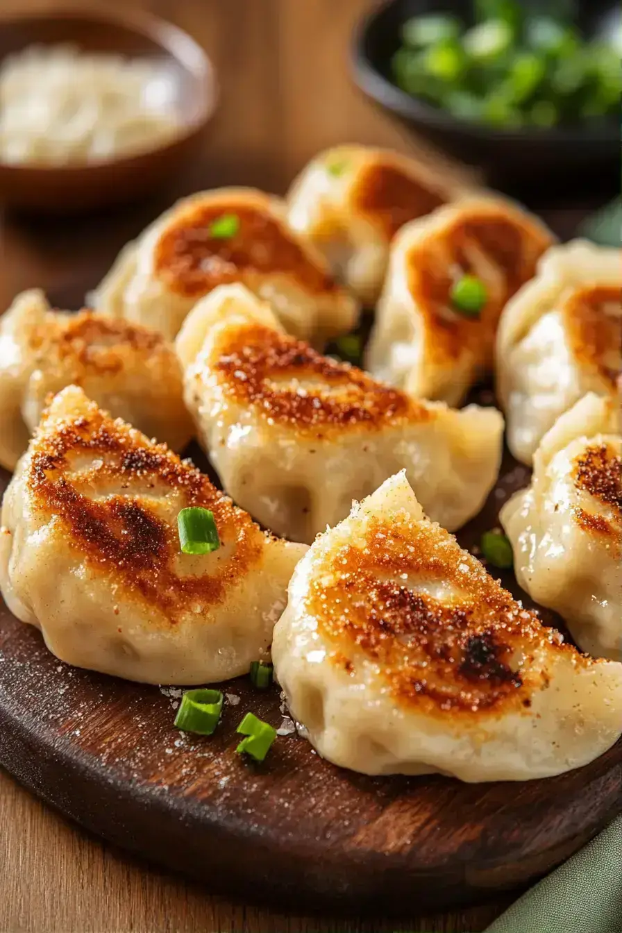 A beautifully set table with a large bowl of dumplings in broth surrounded by fresh herbs and vegetables