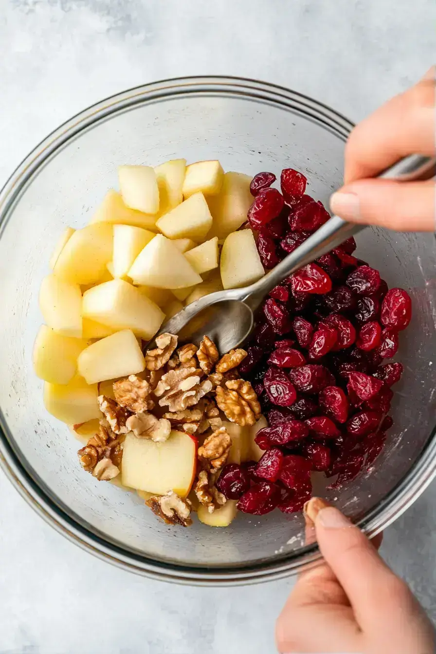 Coating fruits with dressing for Fall Fruit Salad