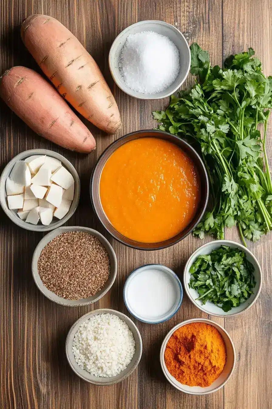 Fresh ingredients for making a comforting Fall Soup on a wooden table