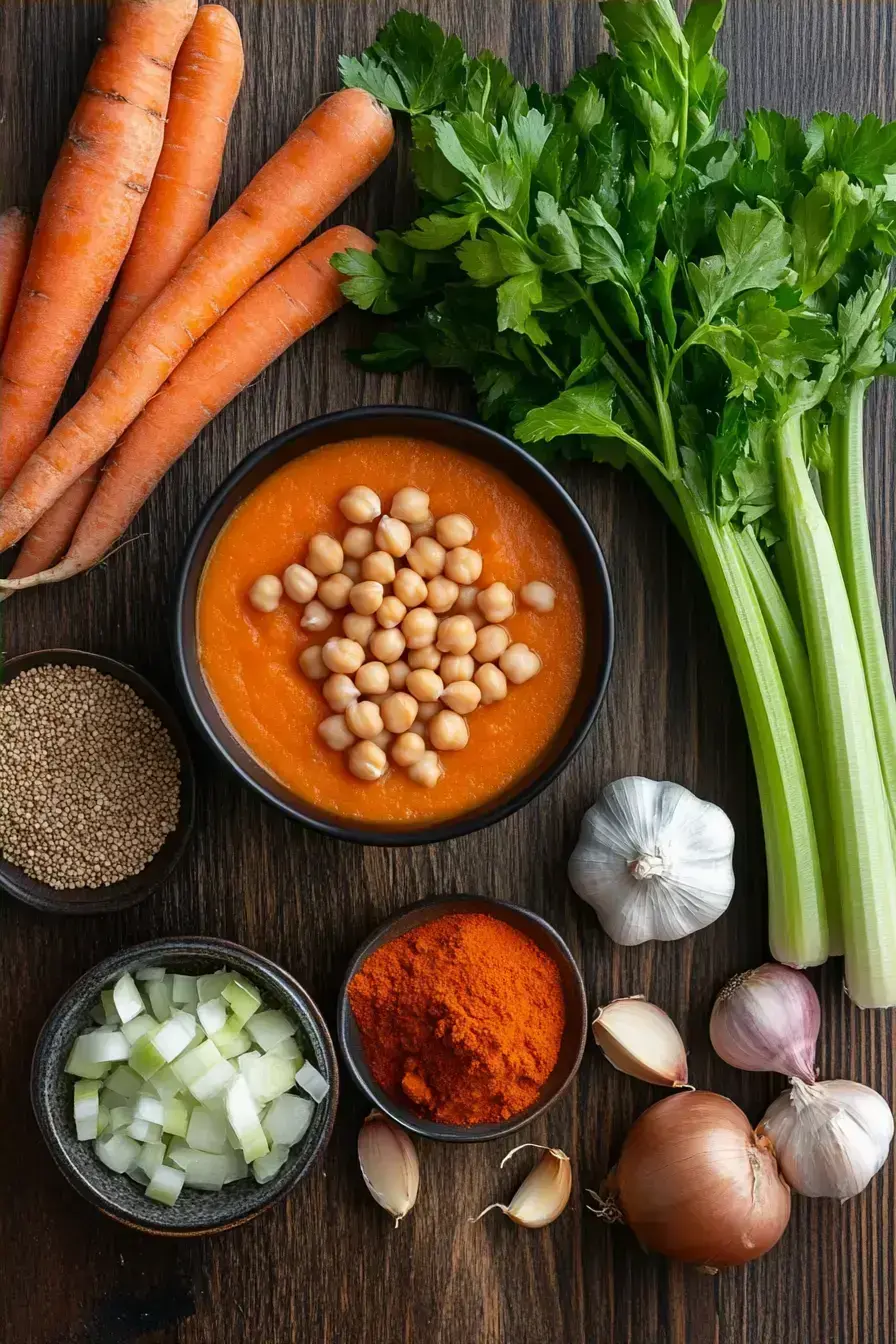 Fresh ingredients for easy Fall Soup Recipes arranged on a kitchen counter