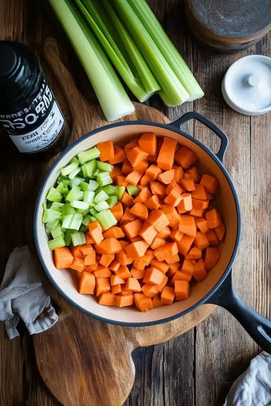 Simmering pot of savory roasted vegetable autumn soup, one of our Fall Soup Recipes