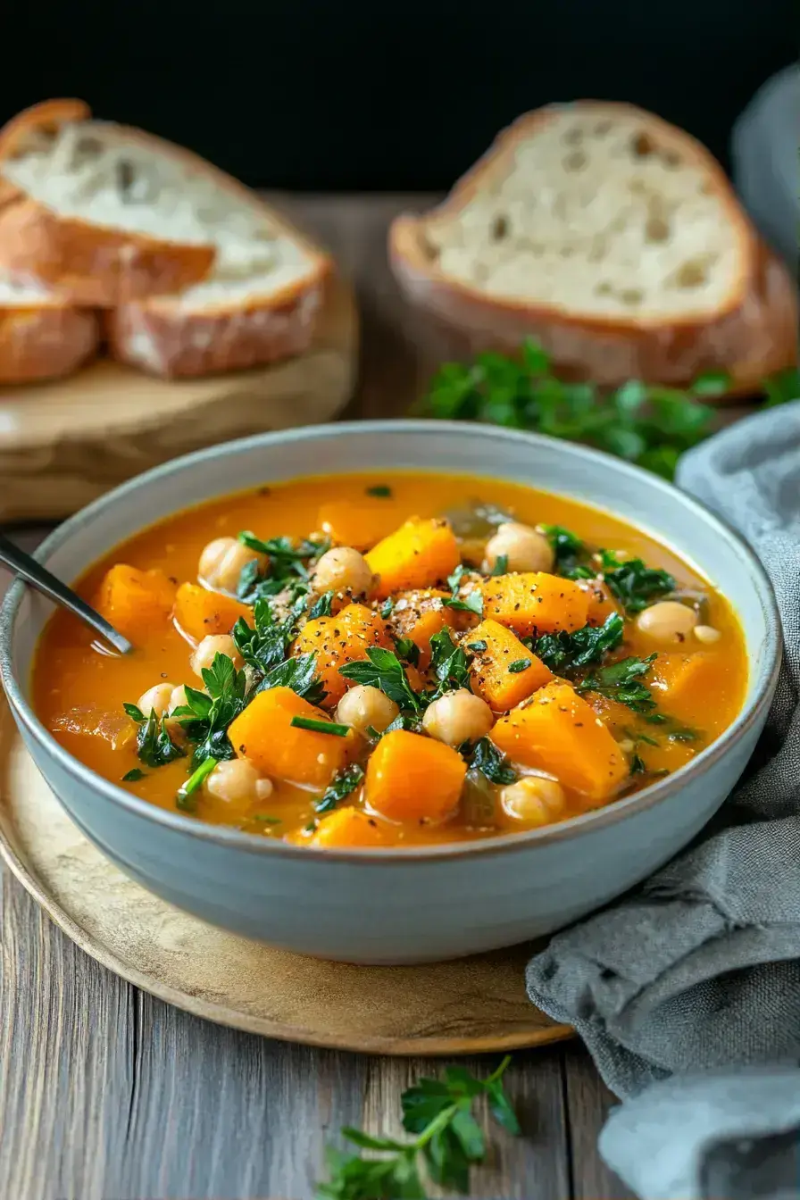 Beautifully served Fall Soup Recipes with artisan bread and autumn decorations