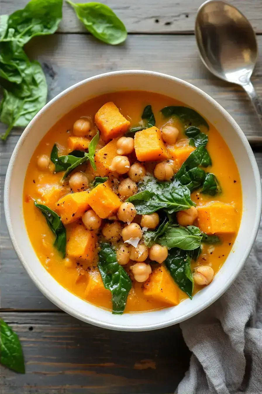 A cozy bowl of creamy spiced sweet potato chickpea soup, one of our favorite Fall Soup Recipes