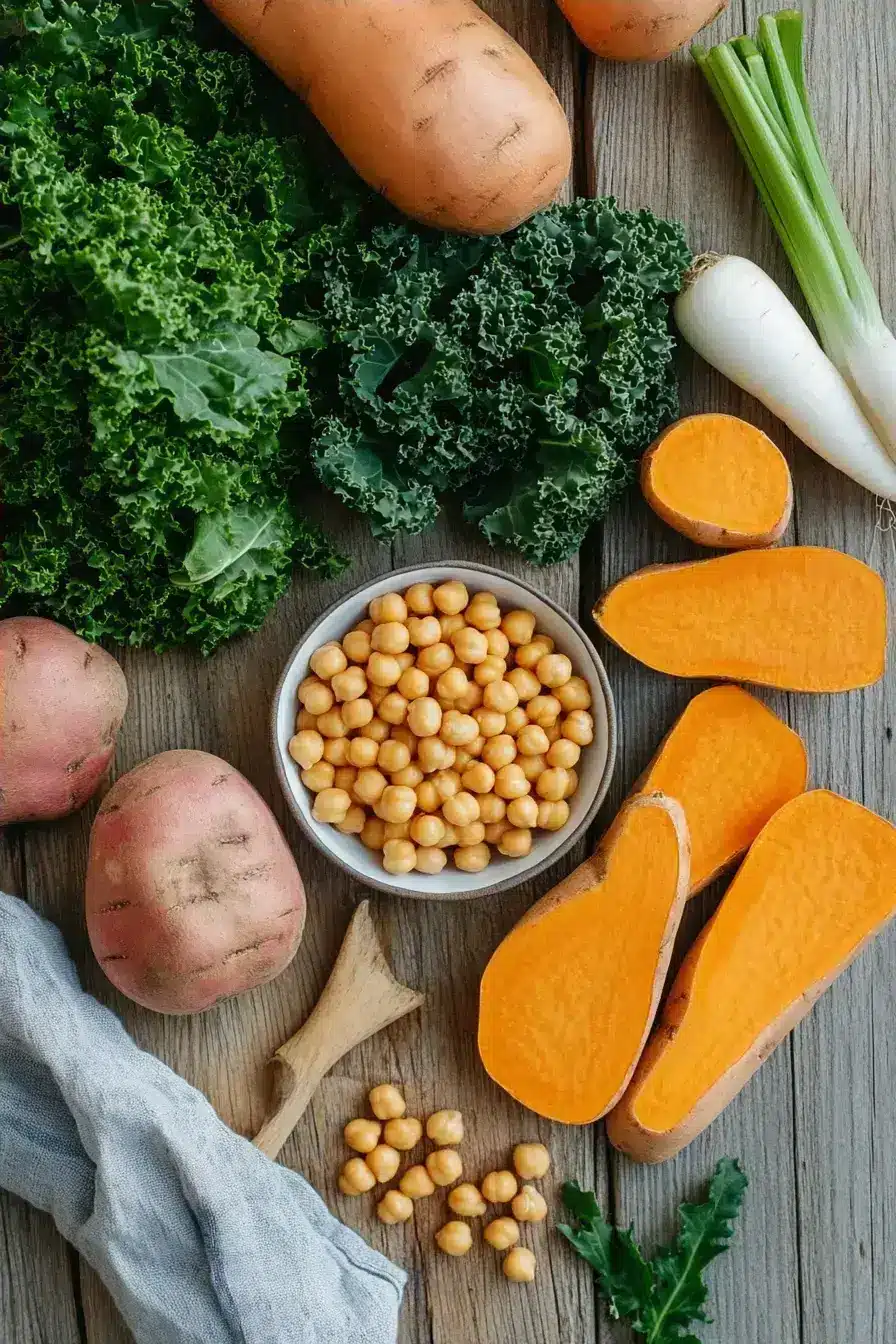 Fresh ingredients for making Fall Soups on a wooden table