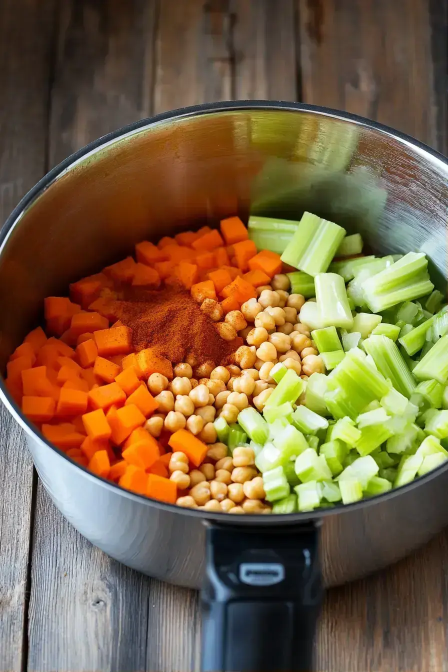 Simmering pot of Fall Soups with broth and tomatoes