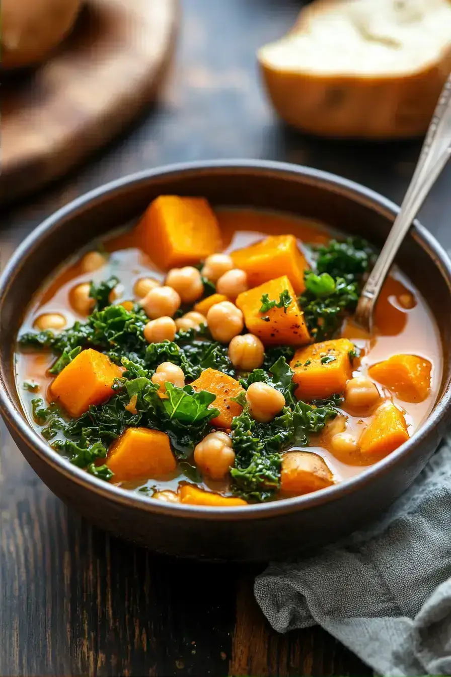 A warm bowl of Fall Soups with sweet potato and chickpeas