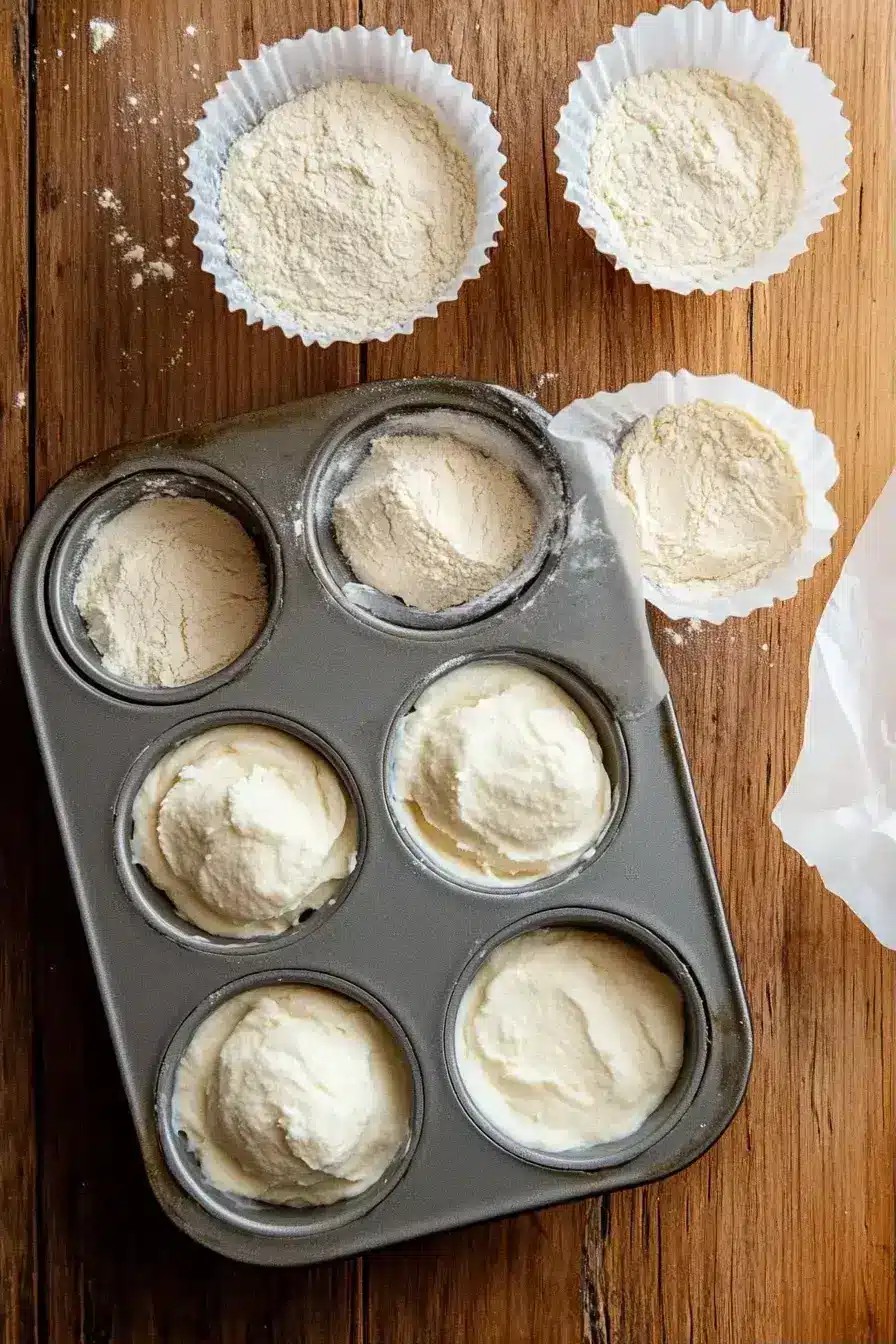 Pouring French Breakfast Puff batter into a muffin tin