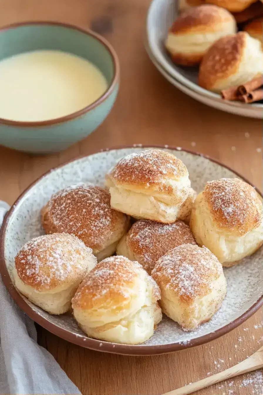 Dipping a warm French Breakfast Puff in cinnamon sugar coating
