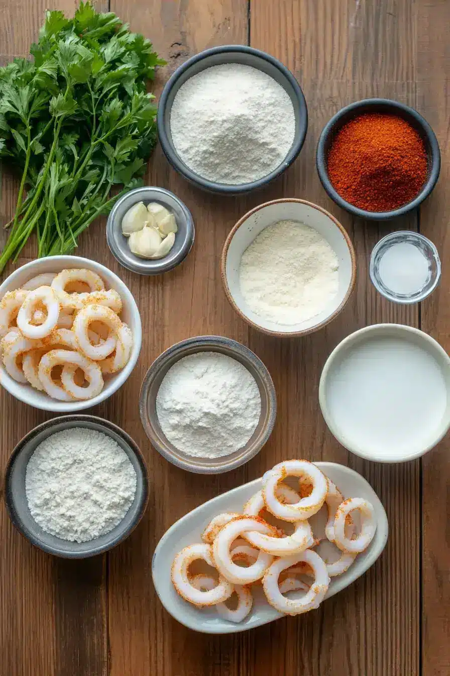 All the Fried Calamari ingredients laid out for preparation