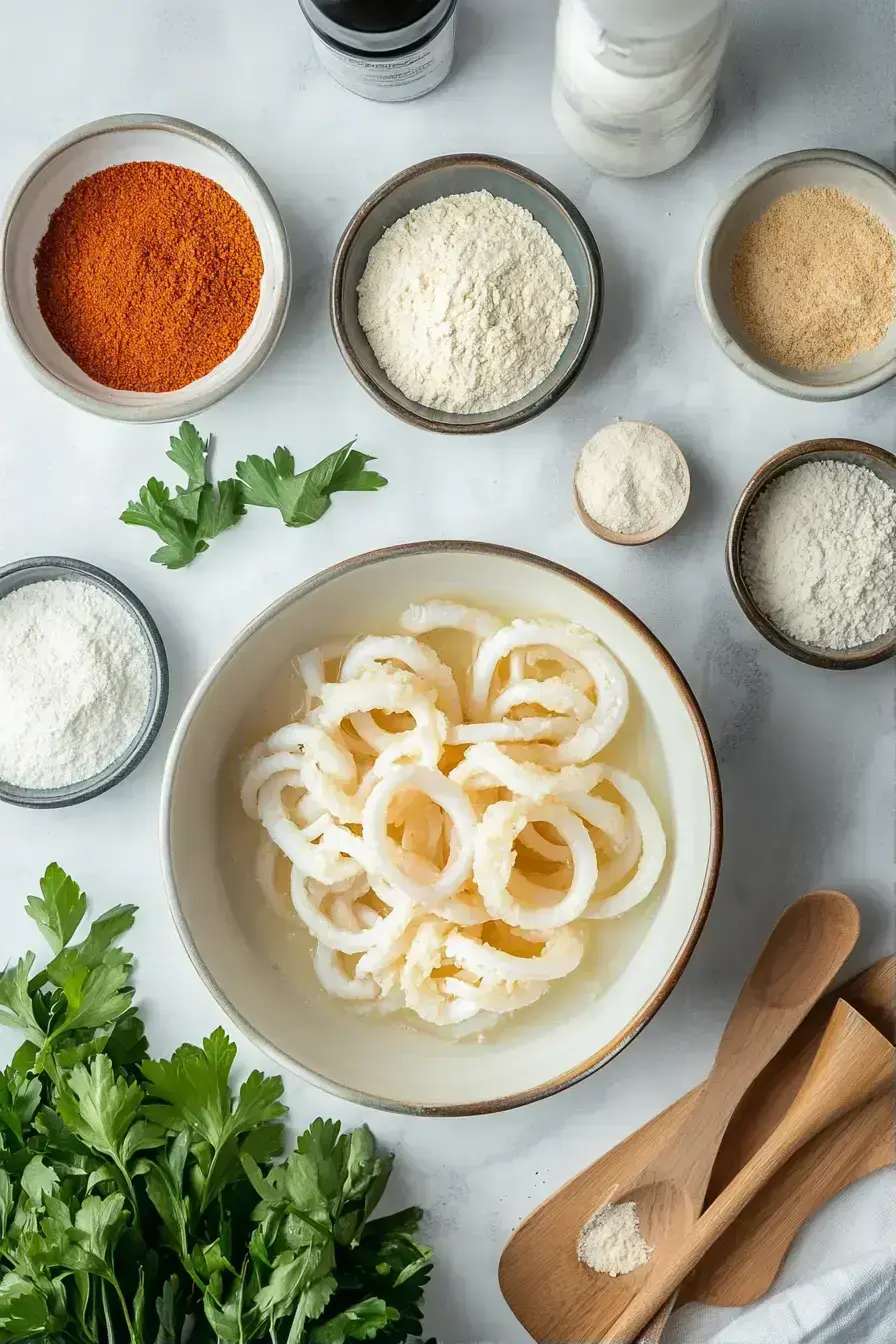 Coating calamari rings in seasoned flour for Fried Calamari