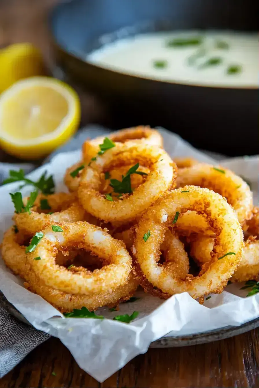 Plated tender calamari with seasoned flour coating and lemon