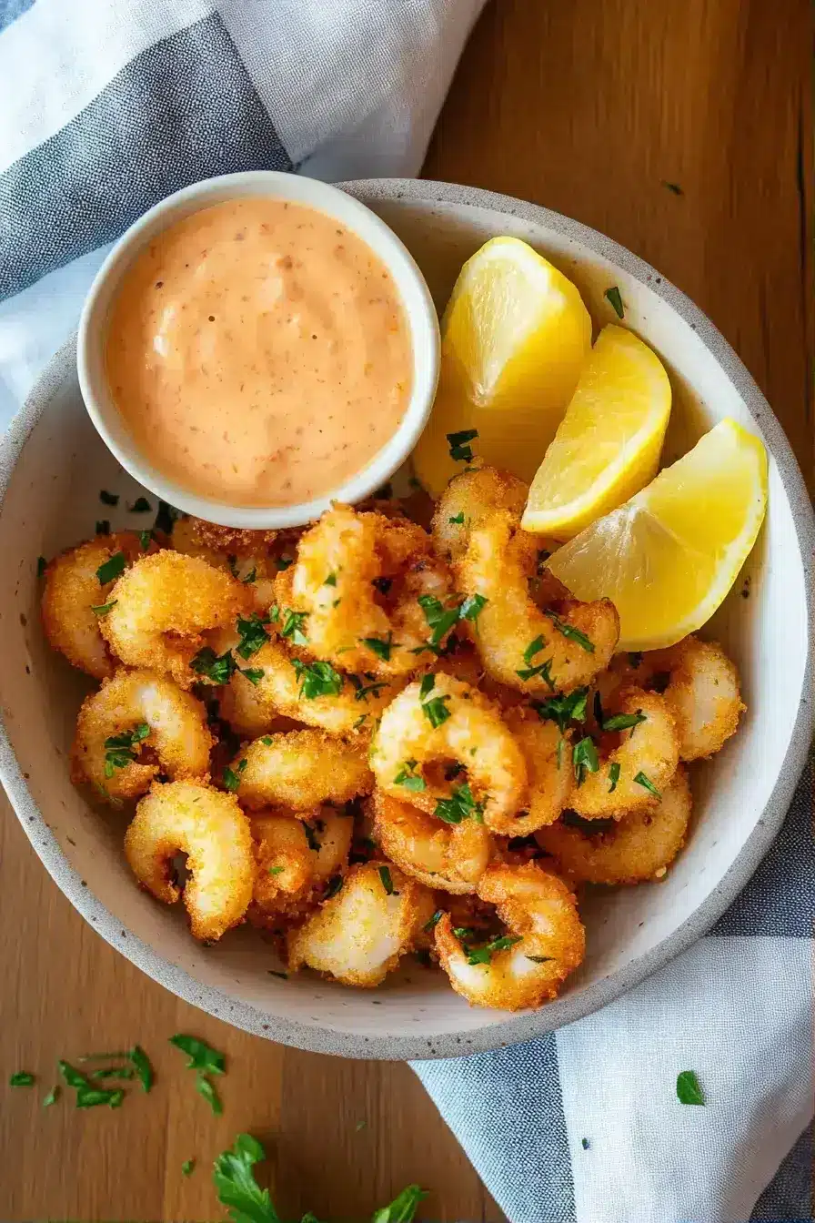 Beautifully plated Fried Calamari with lemon wedges and fresh herbs