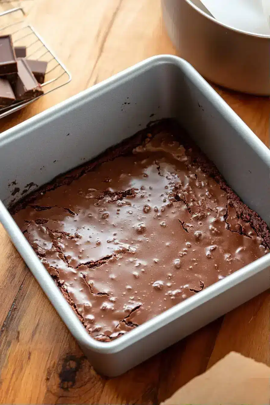 Slicing into the final pan of cooled Fudgy Brownies