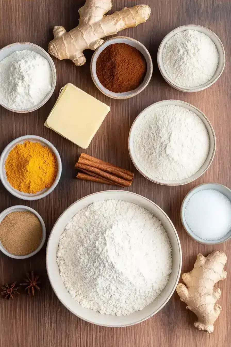 Measuring cups and spoons with gingerbread loaf ingredients laid out on a rustic table
