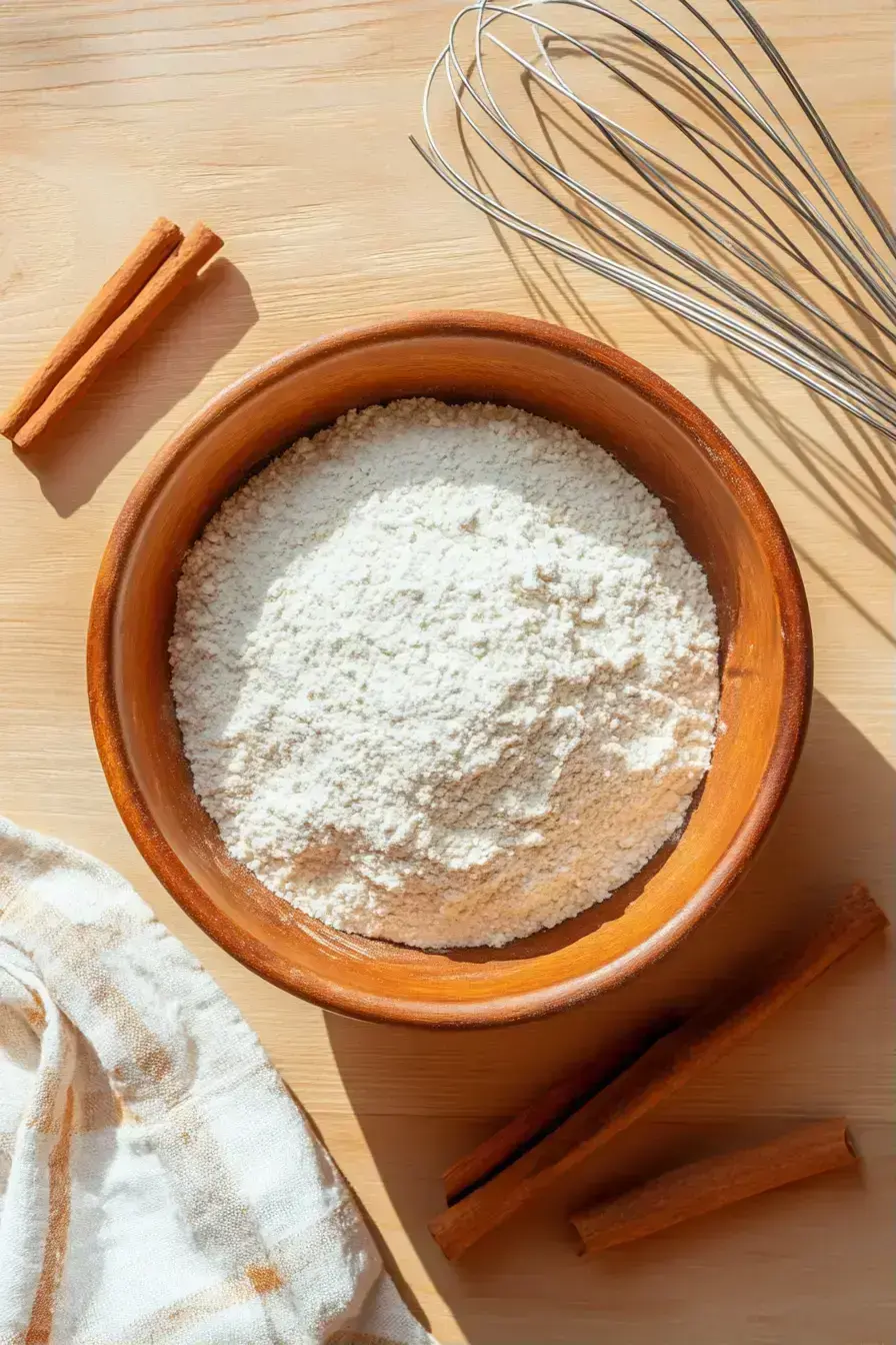 Mixing the dry ingredients for a gingerbread loaf in a ceramic bowl
