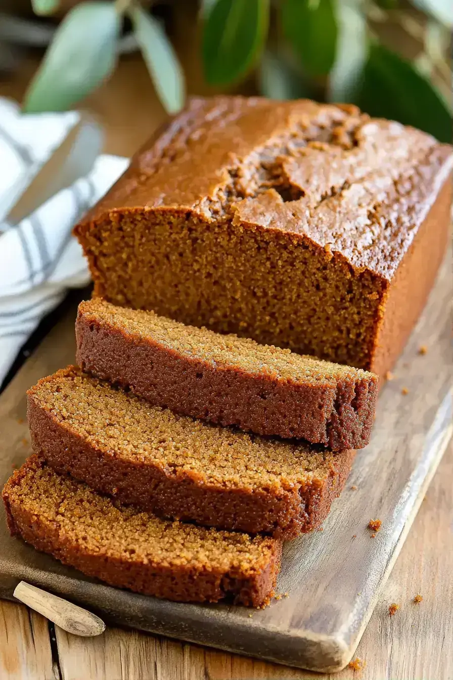 Sliced gingerbread loaf with nutritional ingredients highlighted on a wooden cutting board
