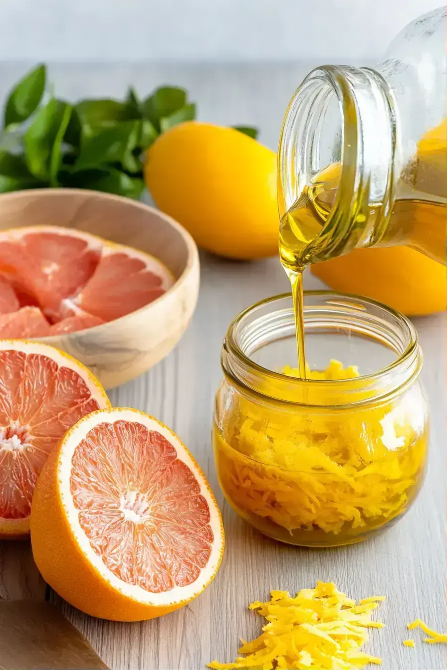 Pouring olive oil over grapefruit zest in a glass jar