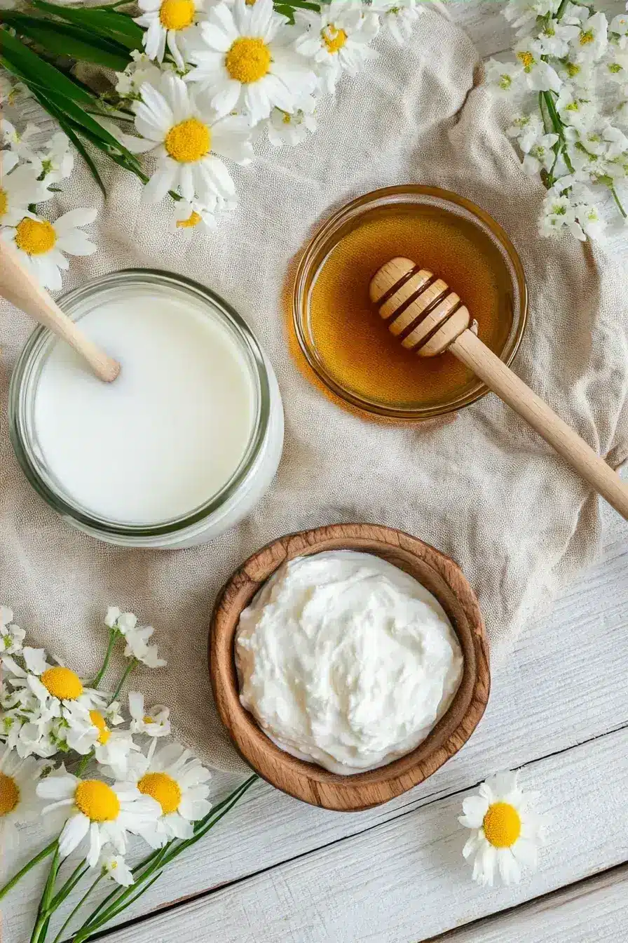 Homemade Greek Yogurt ingredients laid out on a rustic table