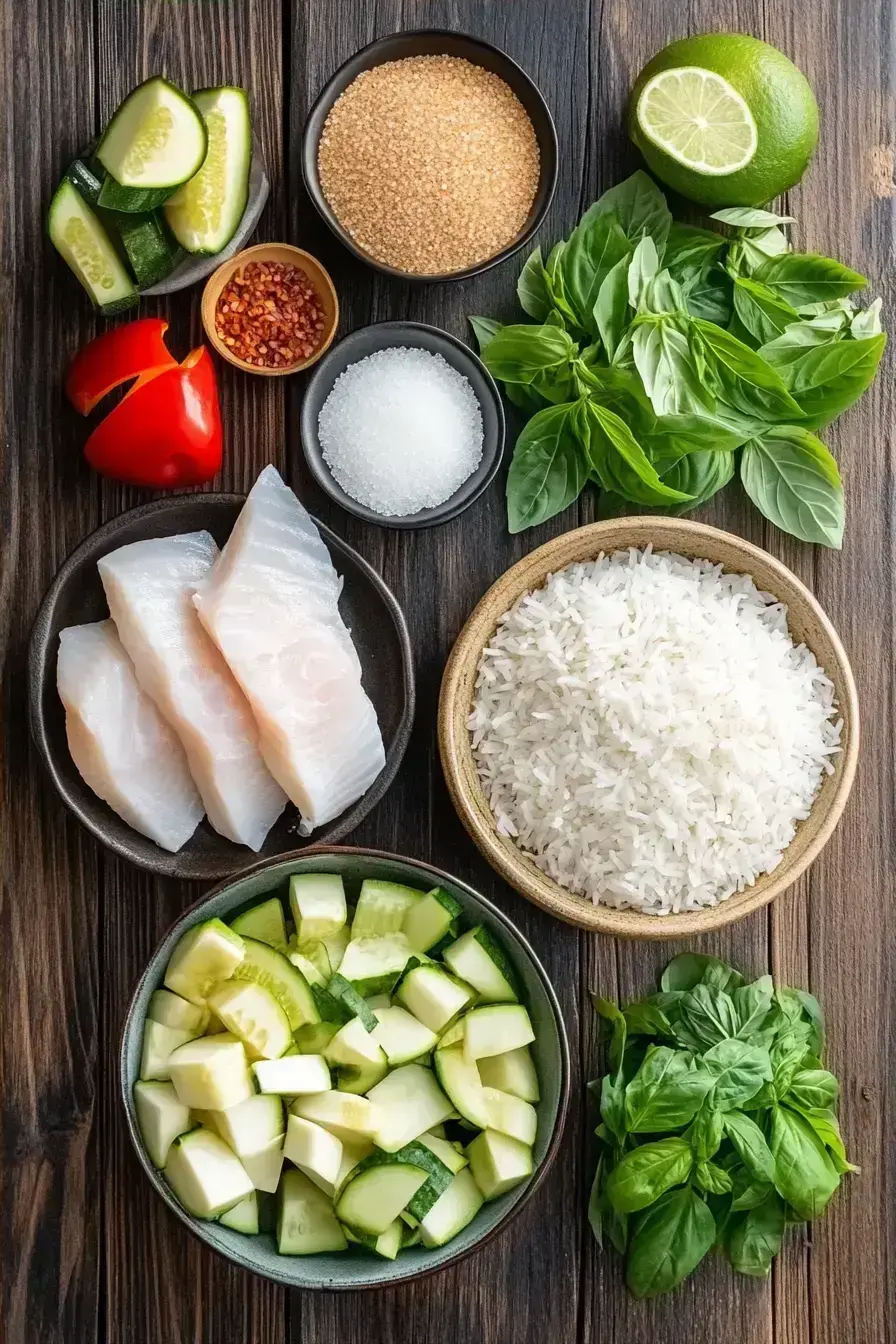 Fresh ingredients for Green Curry Fish including coconut milk, fish, and vegetables