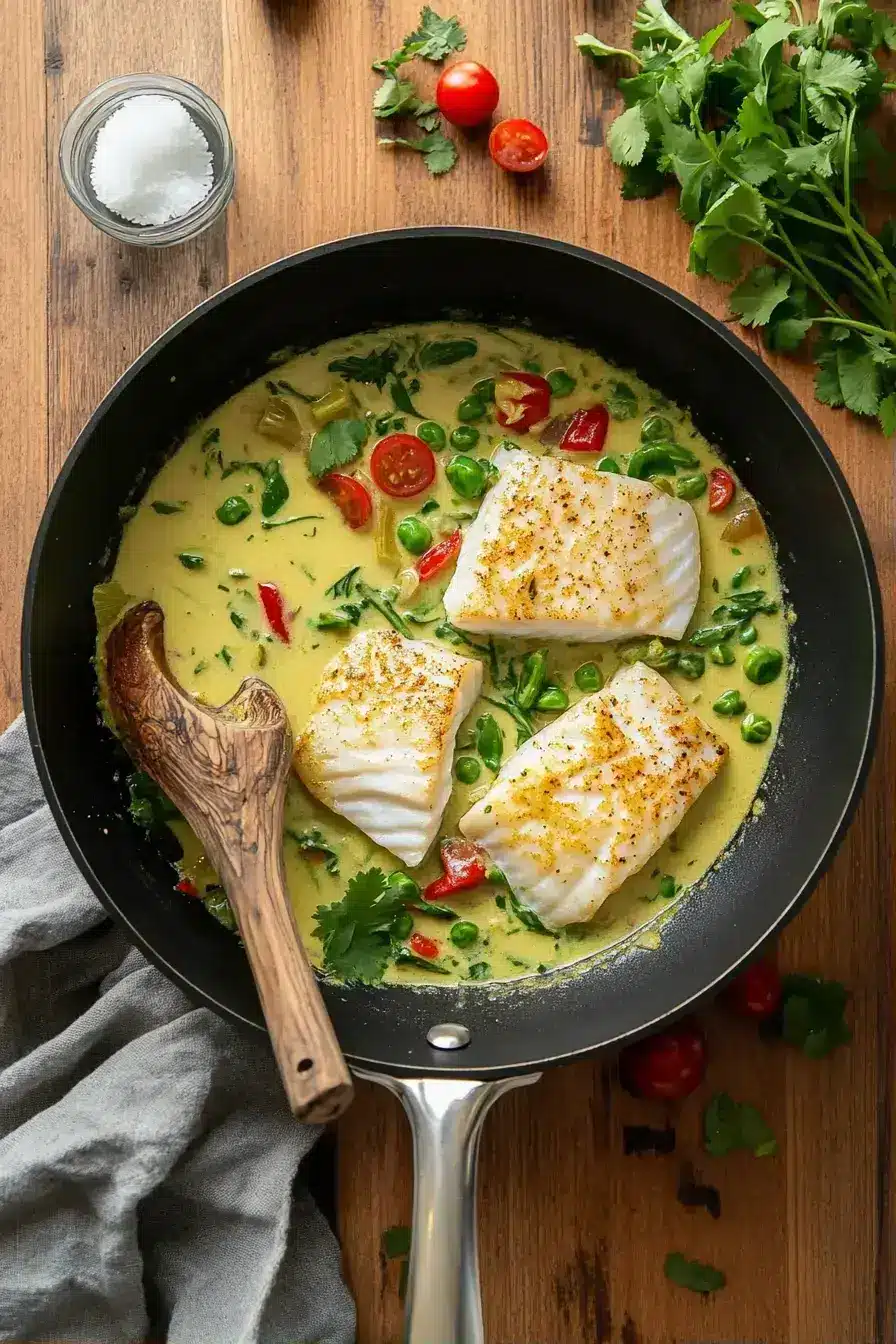 Simmering fish and zucchini in green curry sauce for Green Curry Fish