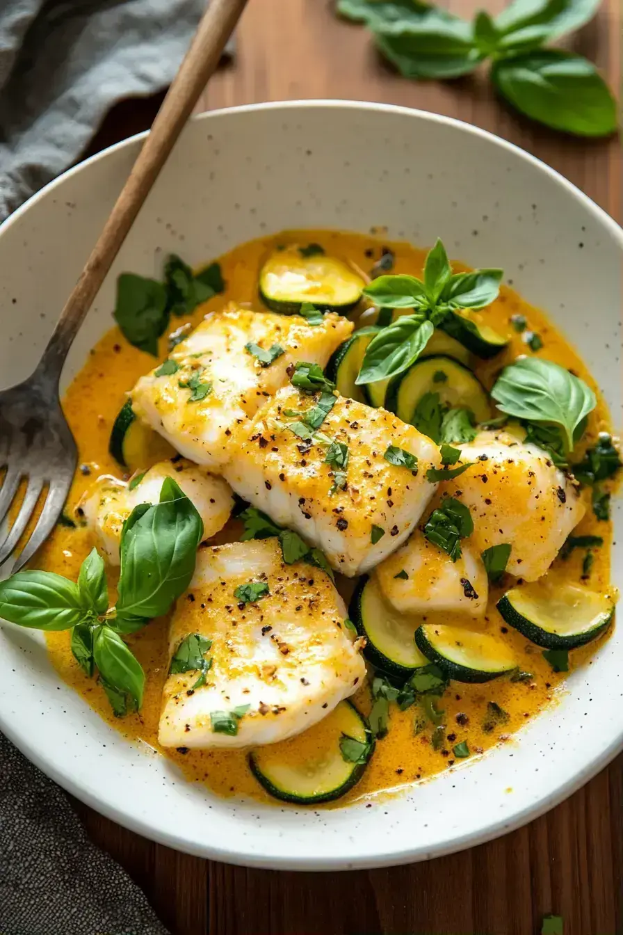 Finished bowl of Green Curry Fish with fresh herbs and lime garnish