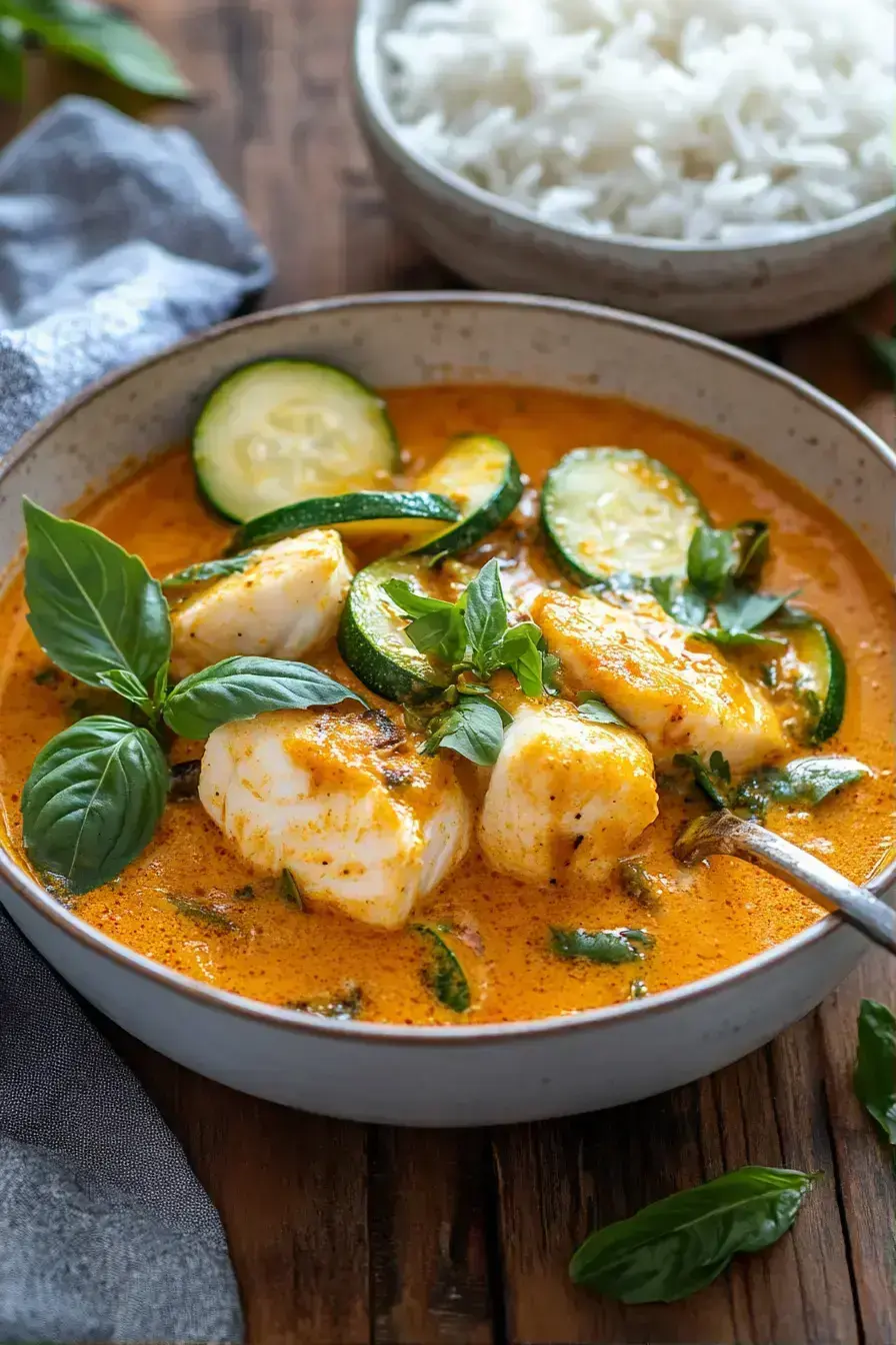 Beautifully served Green Curry Fish with jasmine rice and lime garnish