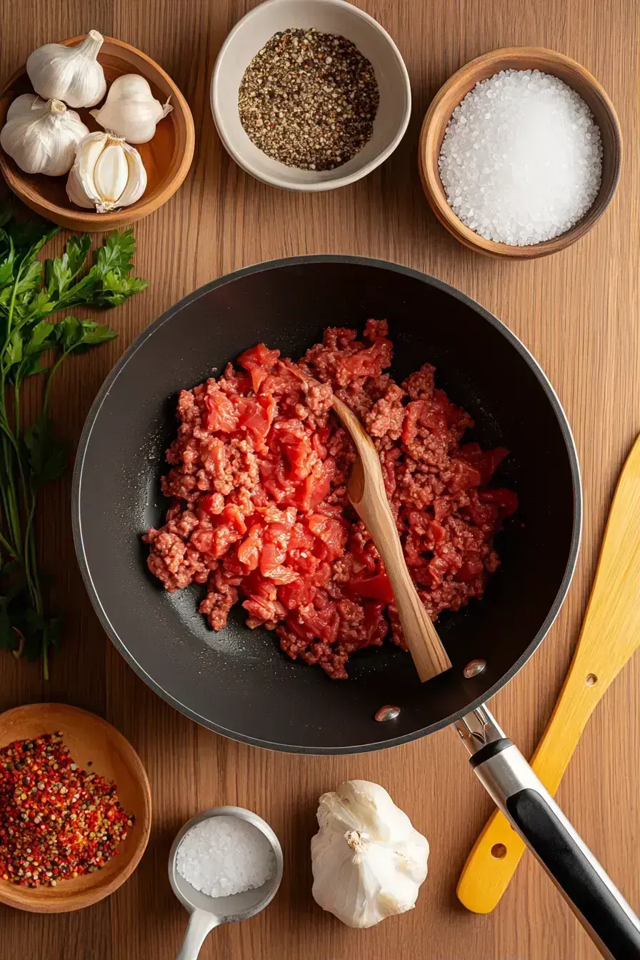 Ground Beef Rice Bowl with sauce simmering in skillet