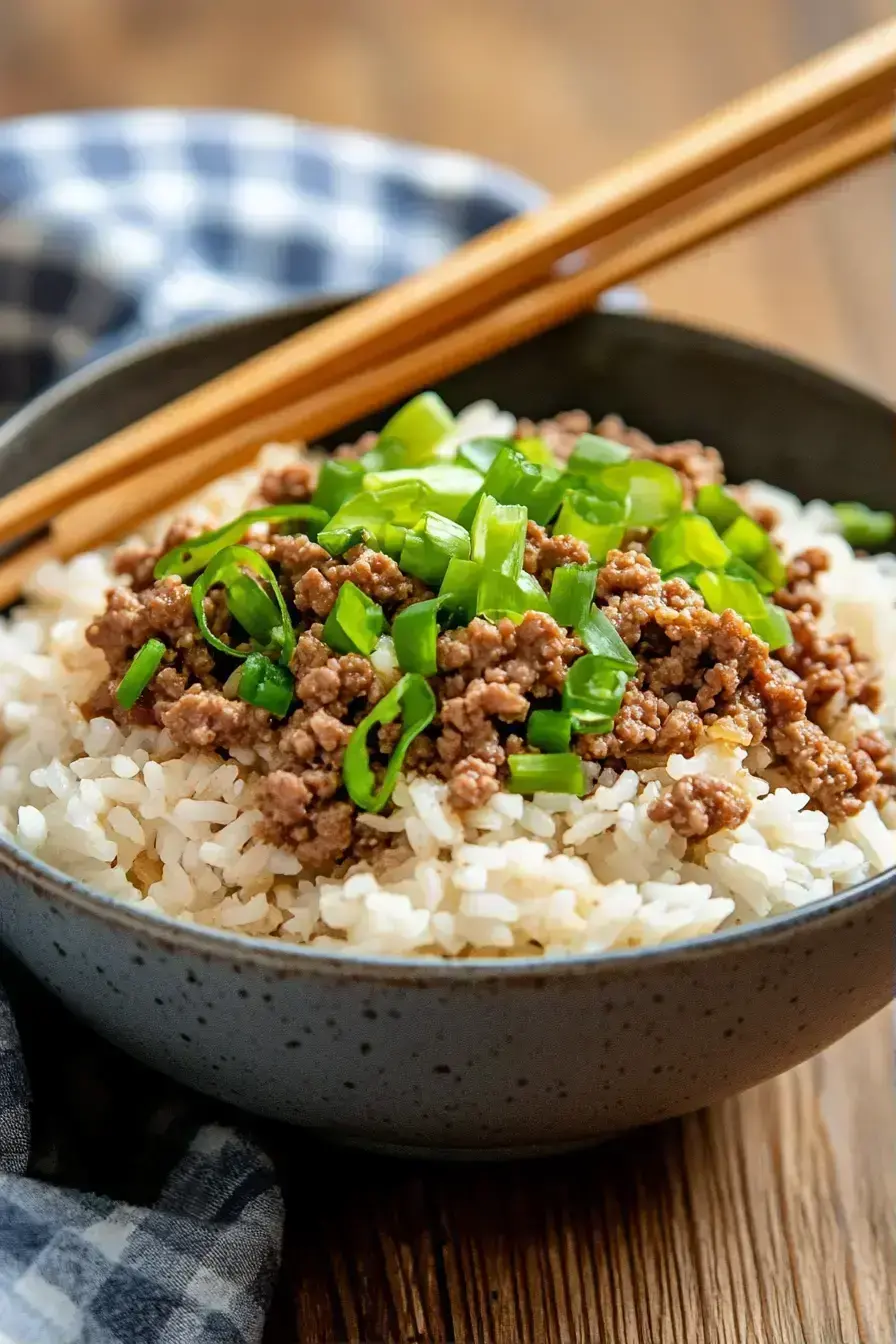 Ground Beef Rice Bowl served with a side of steamed broccoli