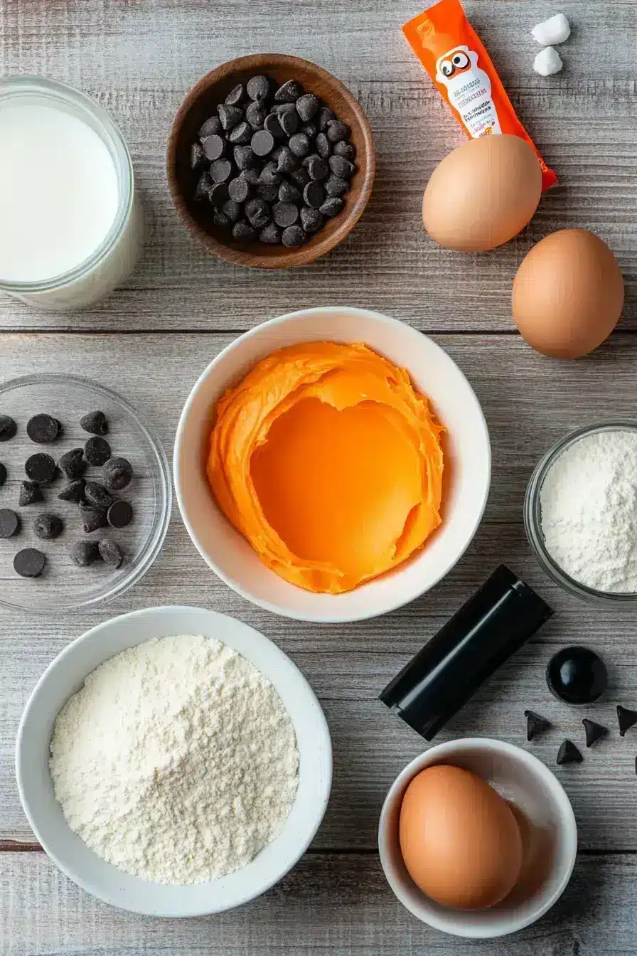 Ingredients for Halloween cupcakes laid out on a kitchen counter