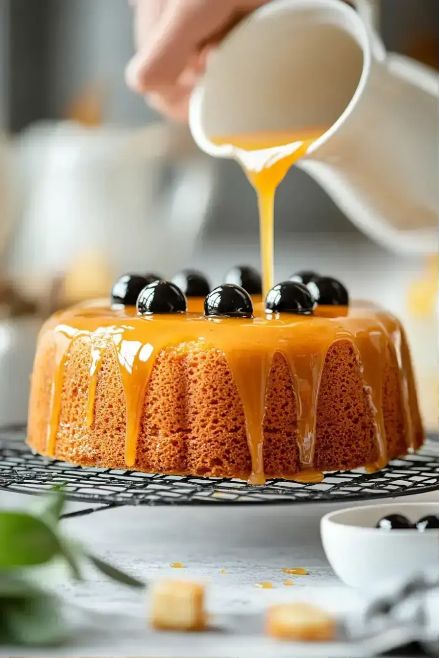 Finished Halloween dessert with orange glaze and black fondant decorations