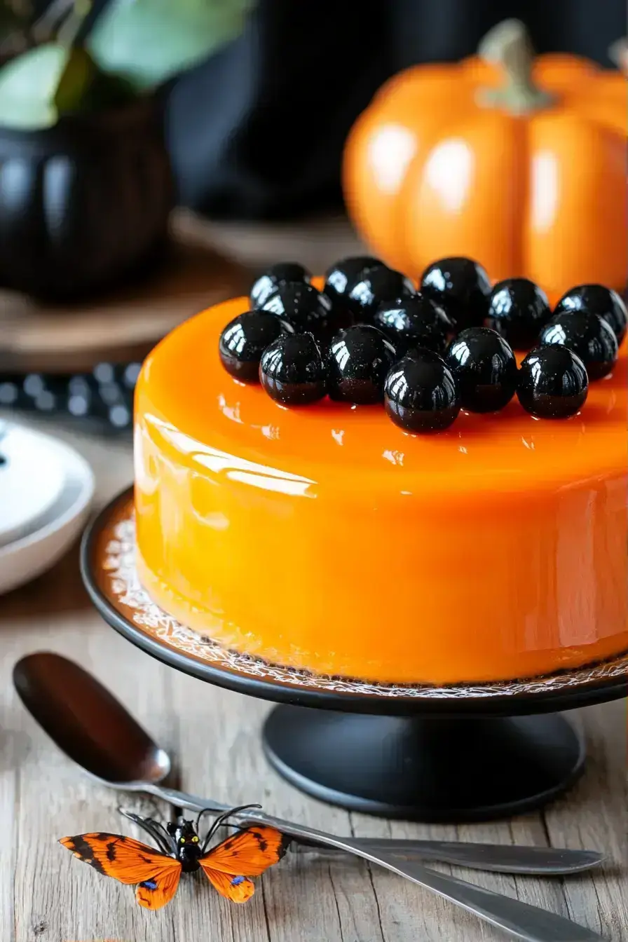 Beautifully plated Halloween dessert served with coffee on a festive table