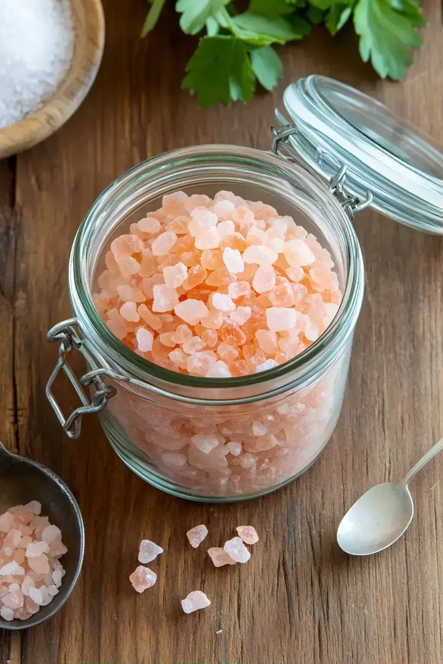Pinching Himalayan pink salt from a jar to season a delicious meal