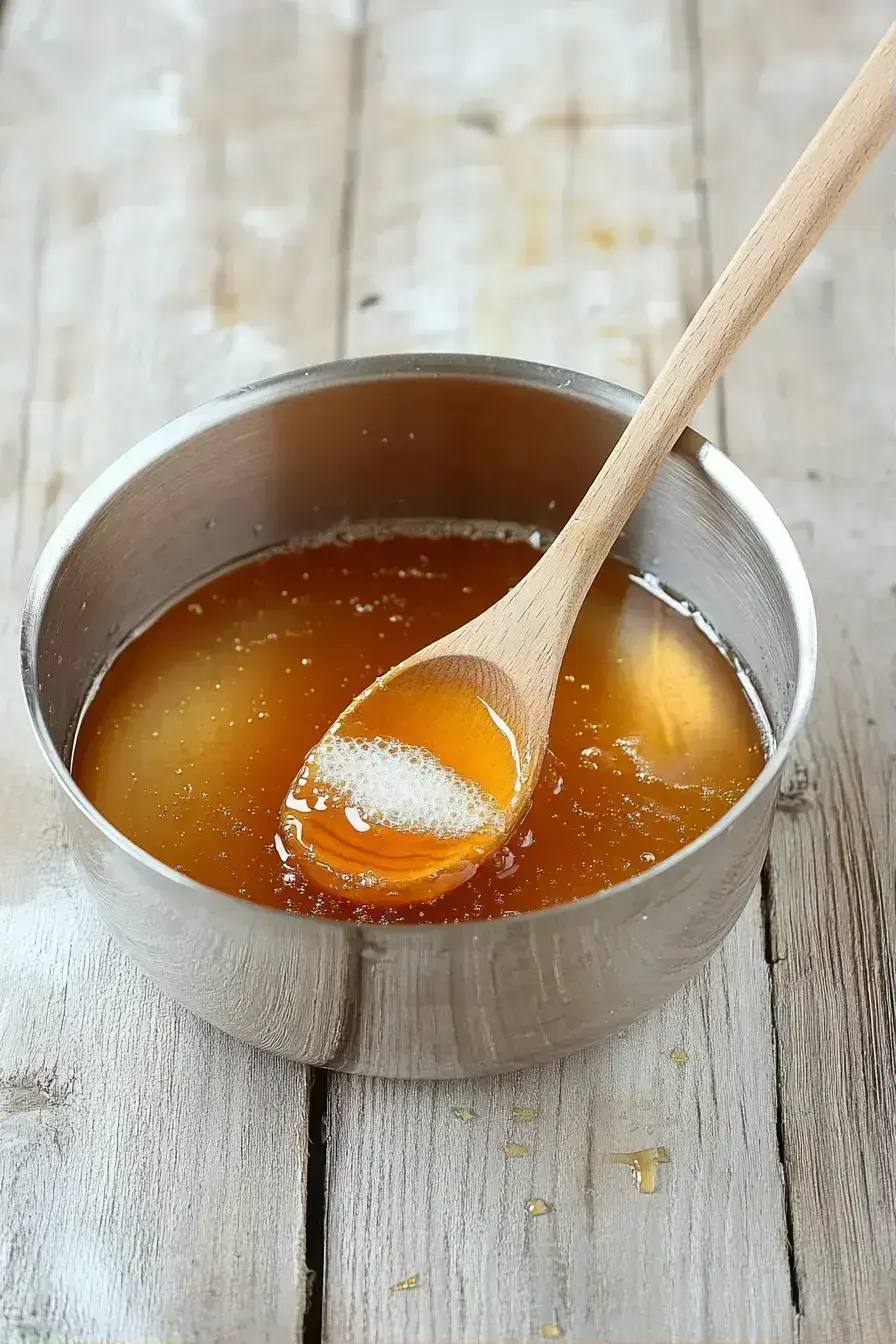 Honey trick recipe syrup simmering and thickening in a saucepan