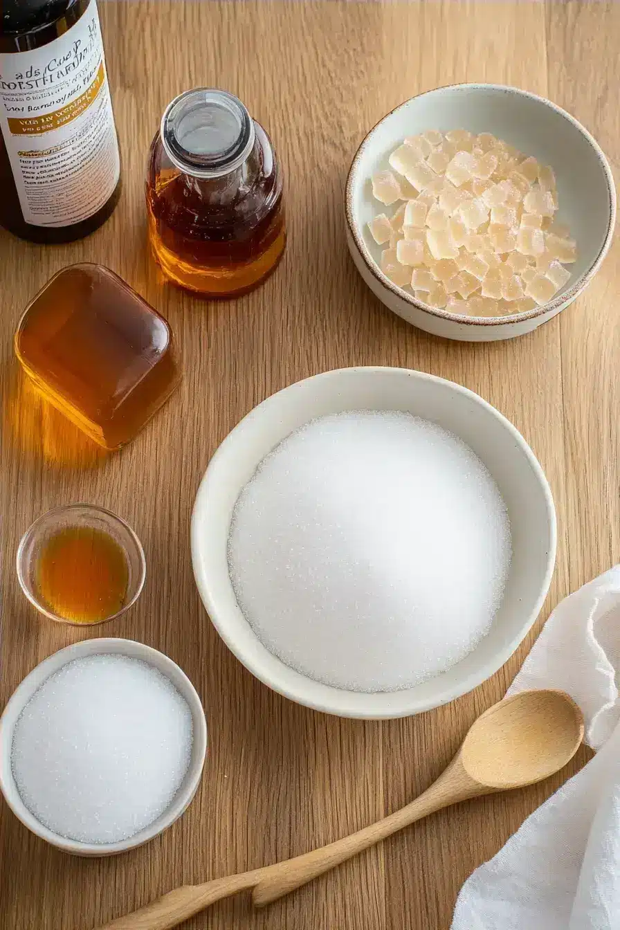 Honeycomb candy ingredients laid out neatly: sugar, corn syrup, baking soda