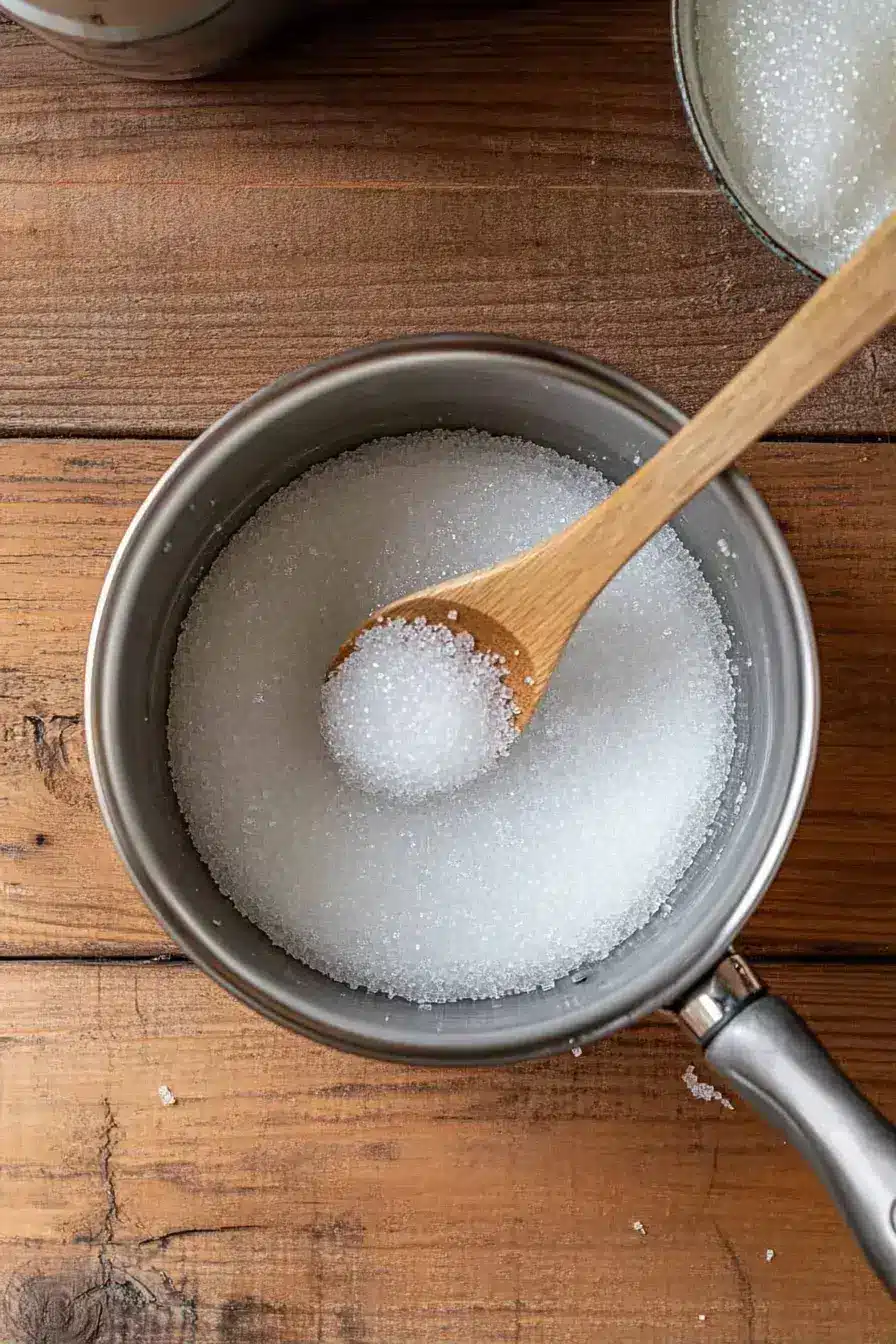 Honeycomb candy mixture bubbling in a saucepan on the stove