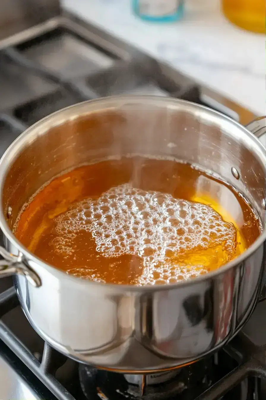 Whisking baking soda into honeycomb syrup creating a foamy reaction