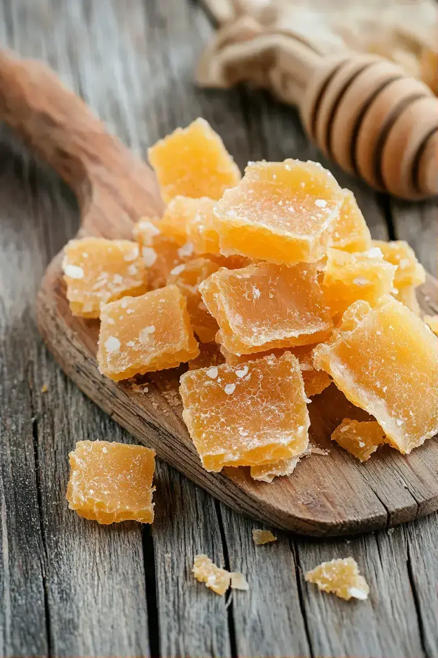 Honeycomb candy pieces artfully arranged on a dessert plate with a scoop of ice cream