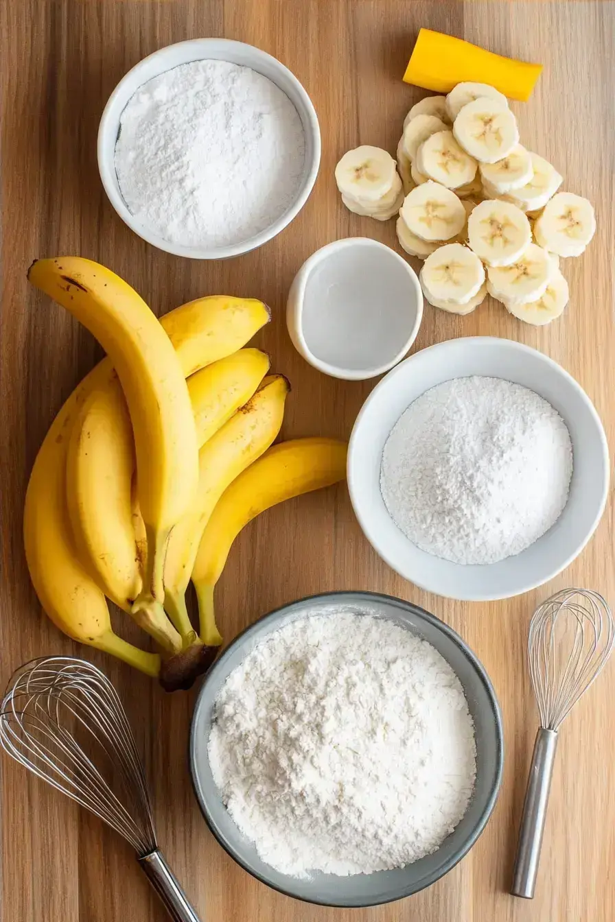 All the Hummingbird Cake ingredients laid out on a wooden counter