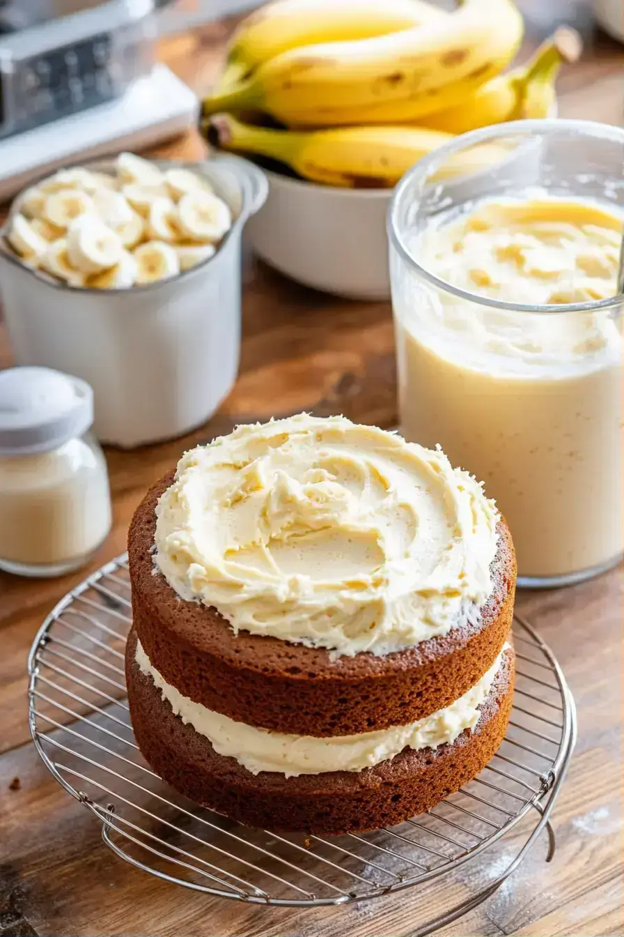 Spreading cream cheese frosting on a layered Hummingbird Cake
