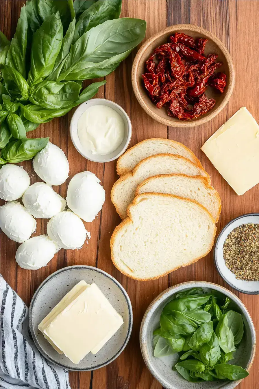 Ingredients for making an Italian Grilled Cheese laid out on a wooden board
