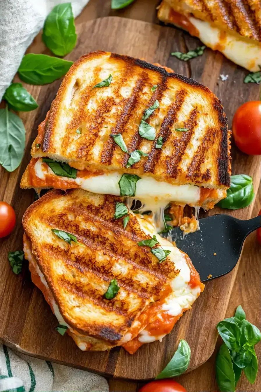 Finished Italian Grilled Cheese sandwich cut in half and ready to eat
