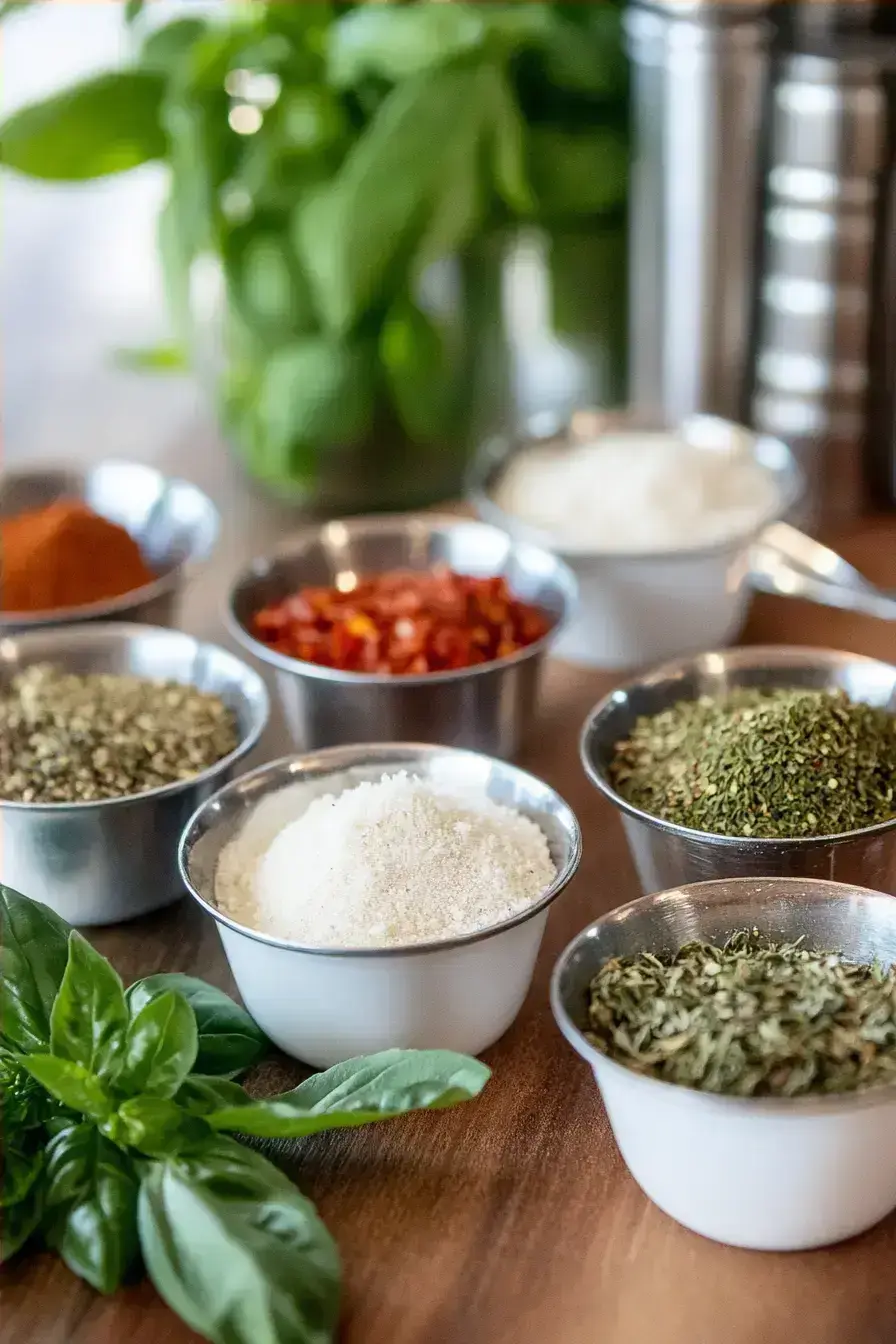 Measuring spoons and jars of Italian Seasoning herbs on a rustic table