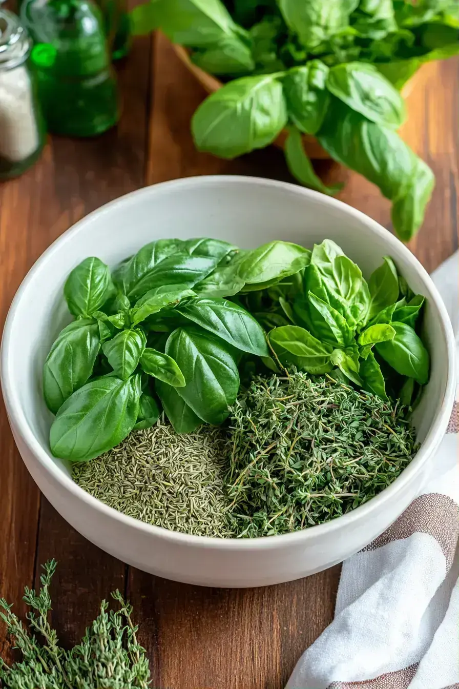 Mixing dried herbs for Italian Seasoning in a ceramic bowl