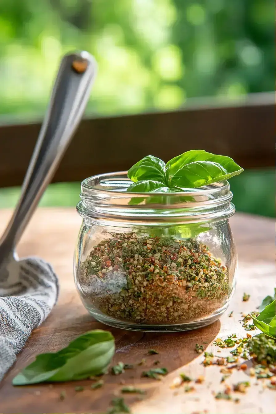 Close-up of homemade Italian Seasoning in a jar showing vibrant dried herbs