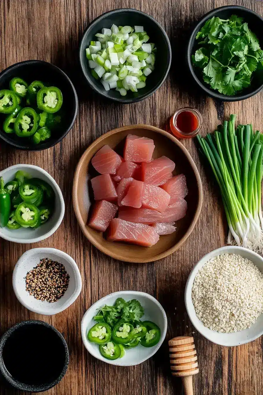 All the fresh ingredients laid out for making spicy Jalapeño Poke