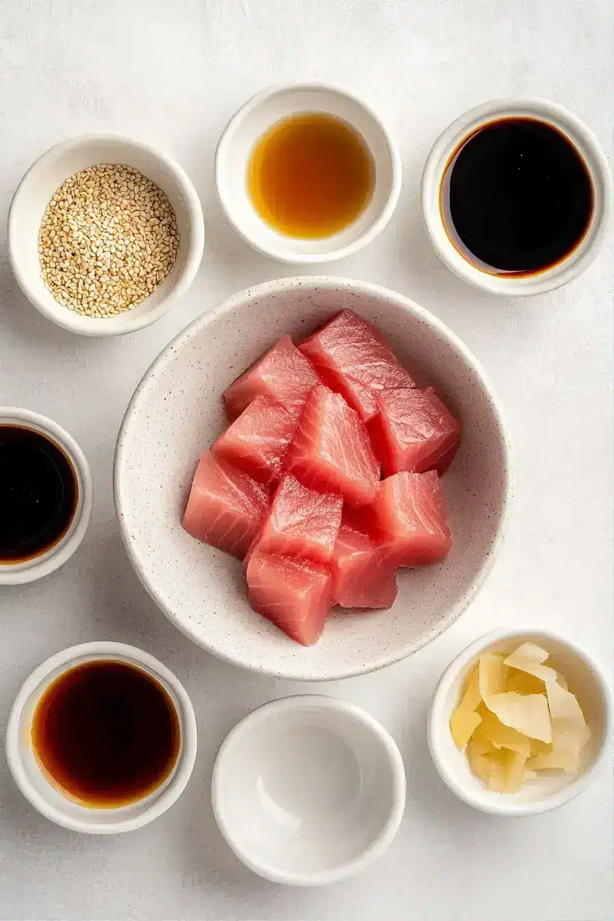 Gently mixing fresh tuna cubes into the jalapeño poke marinade