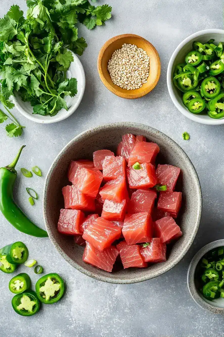 Bowl of jalapeño poke covered and chilling in the refrigerator